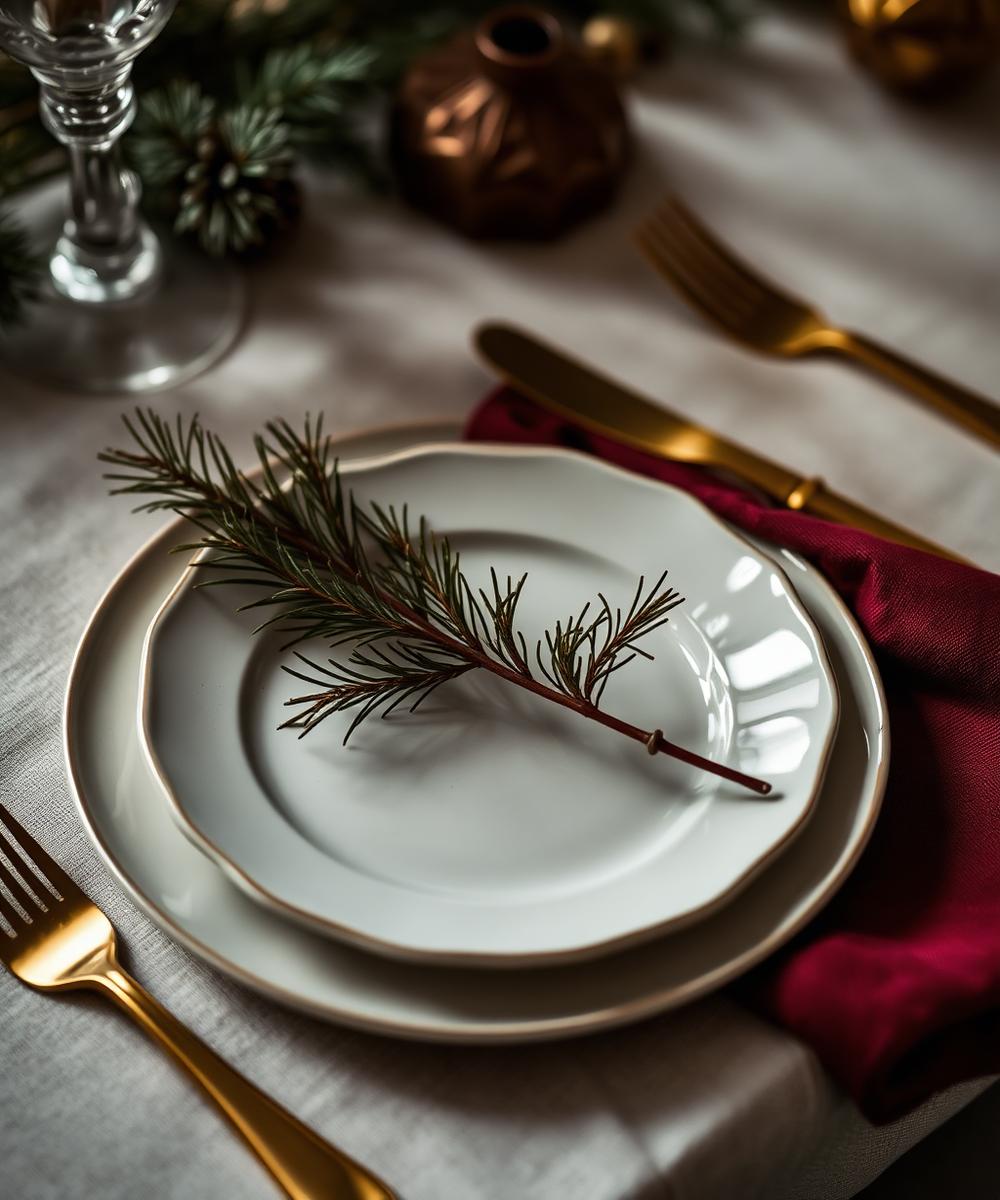 Fine china with pine sprig and burgundy napkin